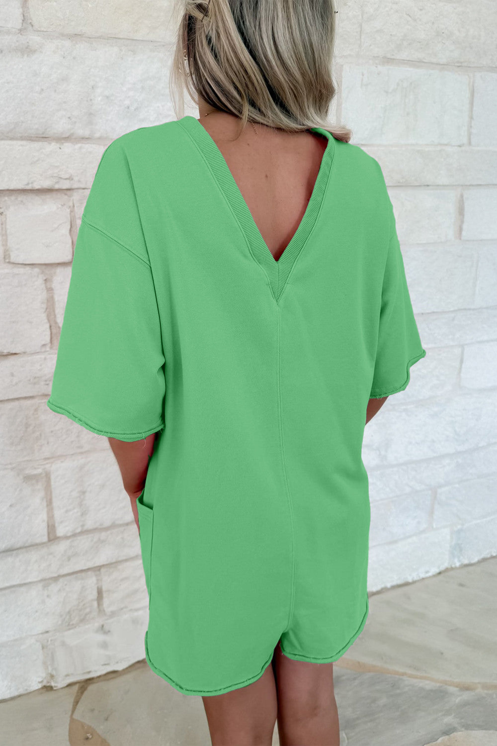 Bright Green Solid Color Raw Edge Half Sleeve Pocketed Loose Romper - PREORDER