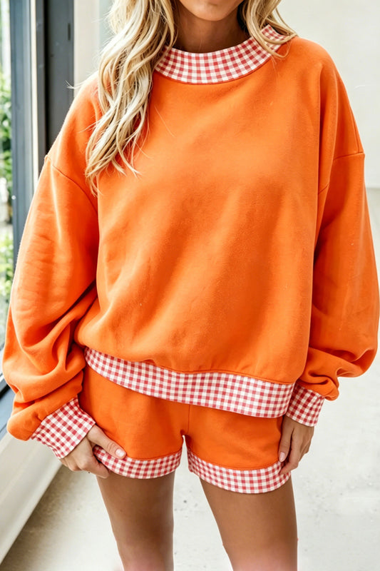 Orange Casual Plaid Trim Long Sleeve Two Piece Set - PREORDER
