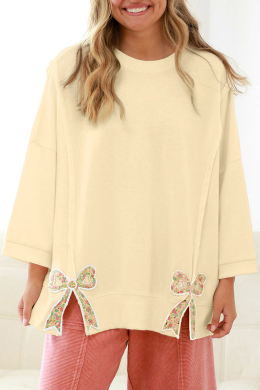 Beige Plus Size Raw Seam Detail Floral Bow Patched Baggy Pullover - PREORDER