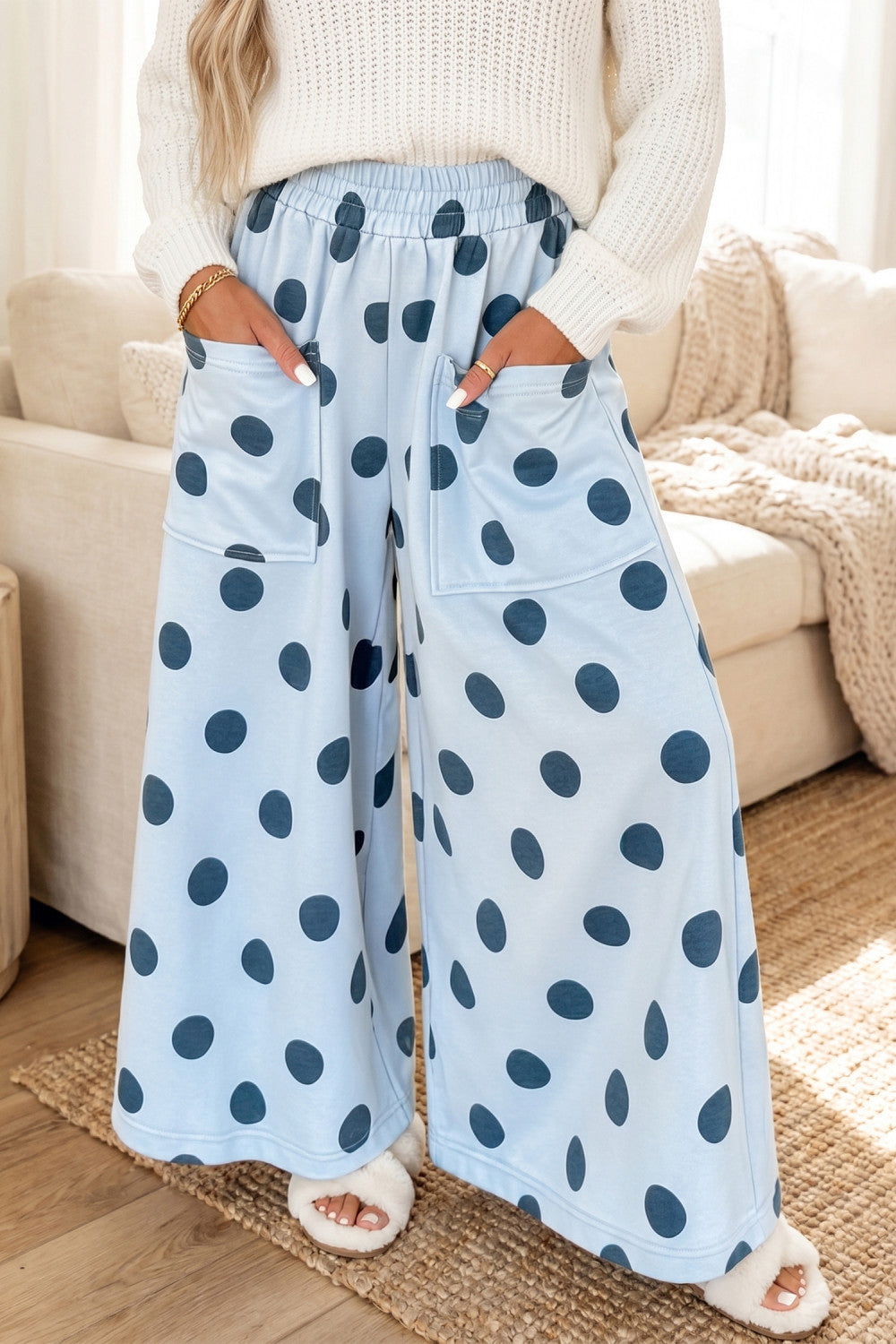 Sky Blue Polka Dot Wide Leg Elastic Waist Casual Pants - PREORDER