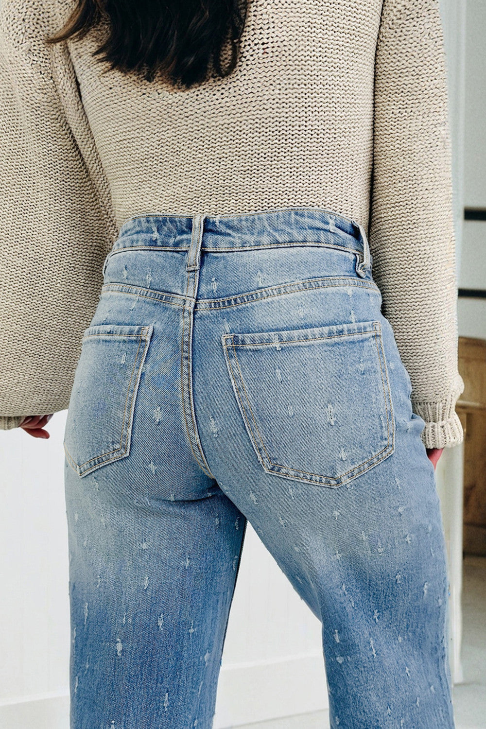 Mist Blue Distressed Detail Tummy Control Raw Hem Jeans - PREORDER