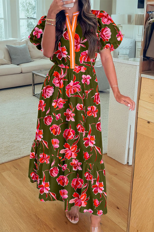 Green Floral Print Striped Trim Split Neck Short Puff Sleeve Ruffle Hem Maxi Dress - PREORDER