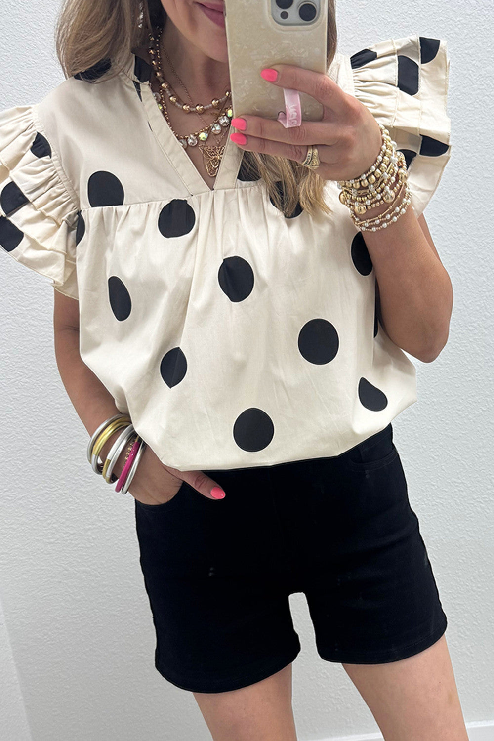 Cream Casual Polka Dot V-Neck Ruffle Short Sleeve Shift Blouse - PREORDER