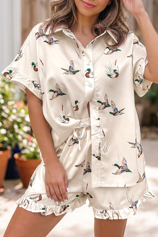 Beige Mallard Print Shirt Style Short Two Piece Set - PREORDER