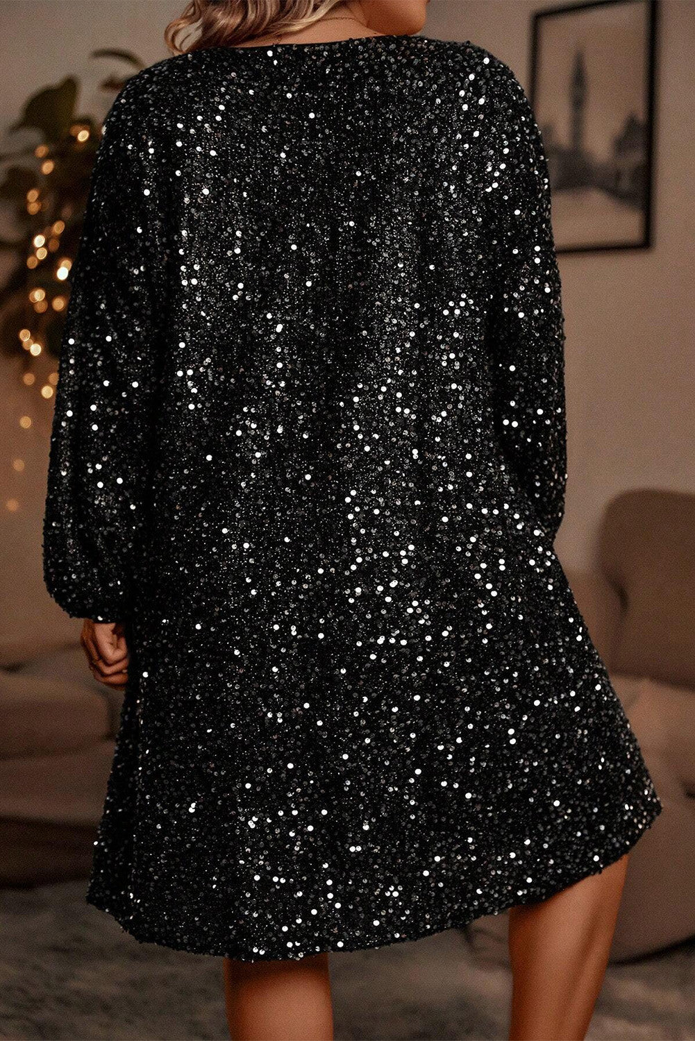 Color black Plus Size Bubble Sleeve V Neck Sequin Dress - PREORDER