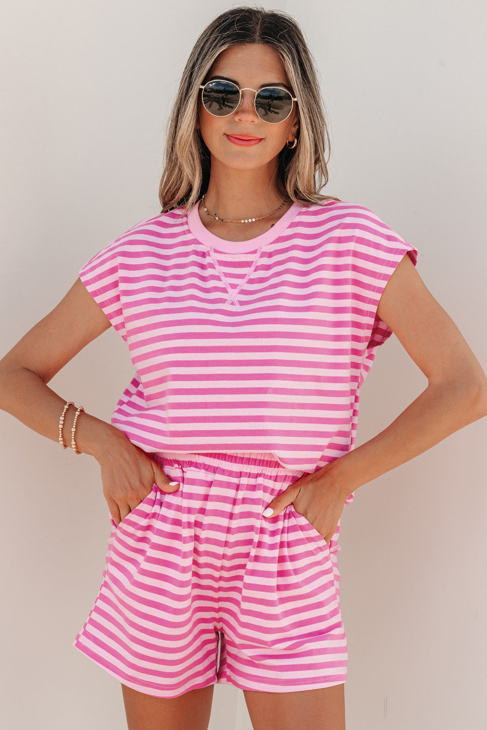 Pink Stripe Cap Sleeve Tee Elastic Waist Shorts 2pcs Outfit - PREORDER