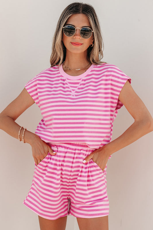 Pink Stripe Cap Sleeve Tee Elastic Waist Shorts 2pcs Outfit - PREORDER
