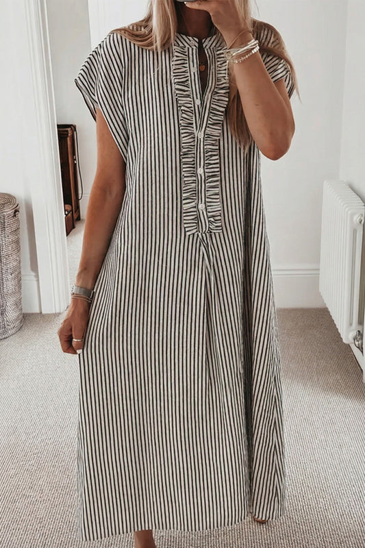 Black Stripe Frilled Detail Half Buttons Short Sleeve Long Dress