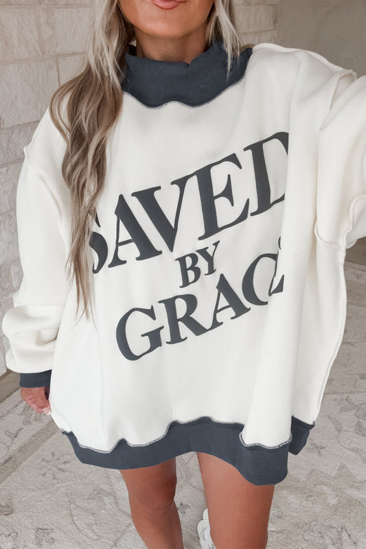 Beige Saved By Grace Print Color Block Mock Neck Oversized Sweatshirt - PREORDER - ETA MID-LATE AUG