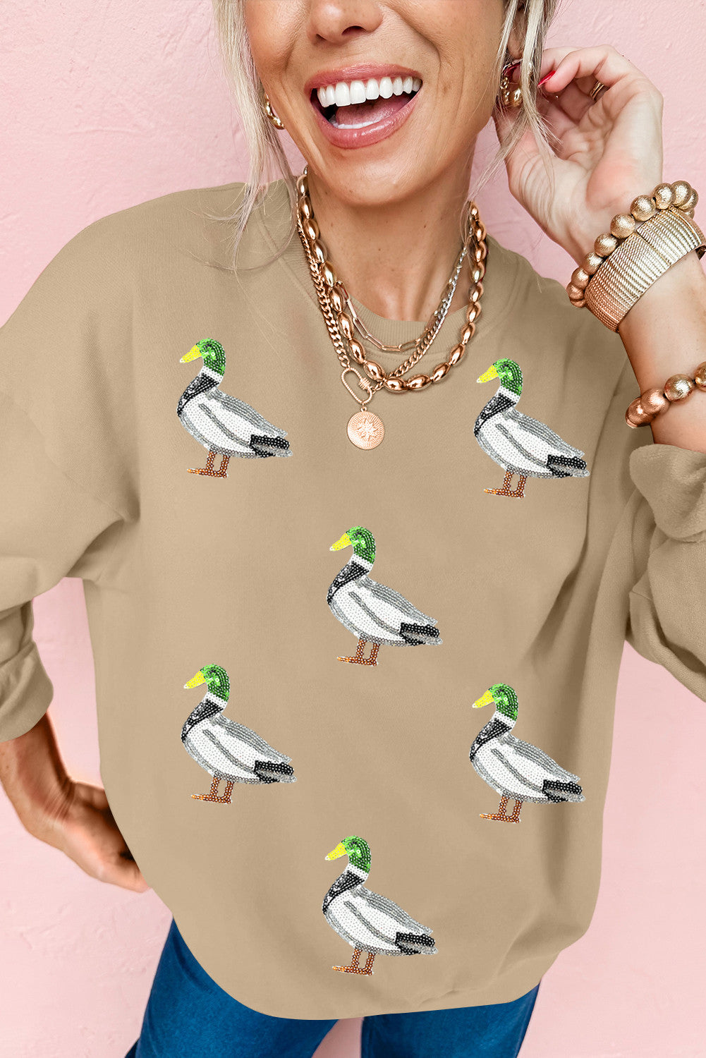 Khaki Sequin Mallard Duck Graphic Baggy Sweatshirt - PREORDER