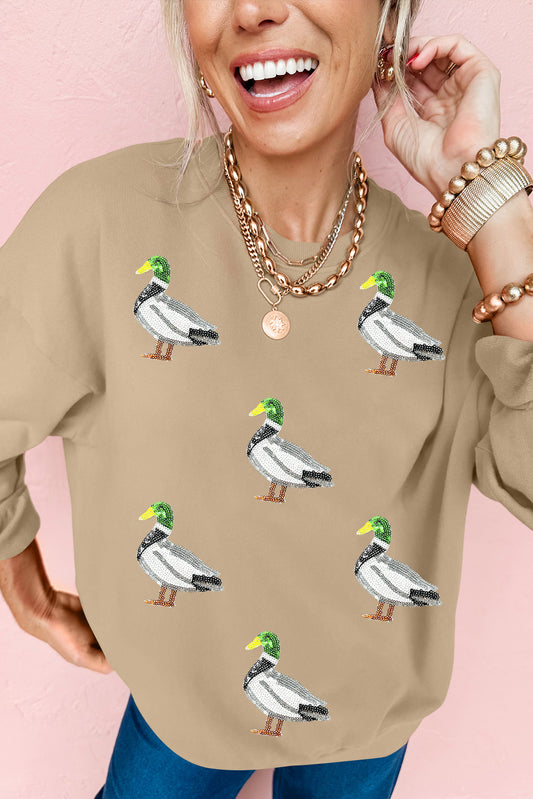 Khaki Sequin Mallard Duck Graphic Baggy Sweatshirt - PREORDER