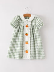 Fall Halloween & Thanksgiving Pumpkin Applique Plaid Green Girls Dress - PREORDER