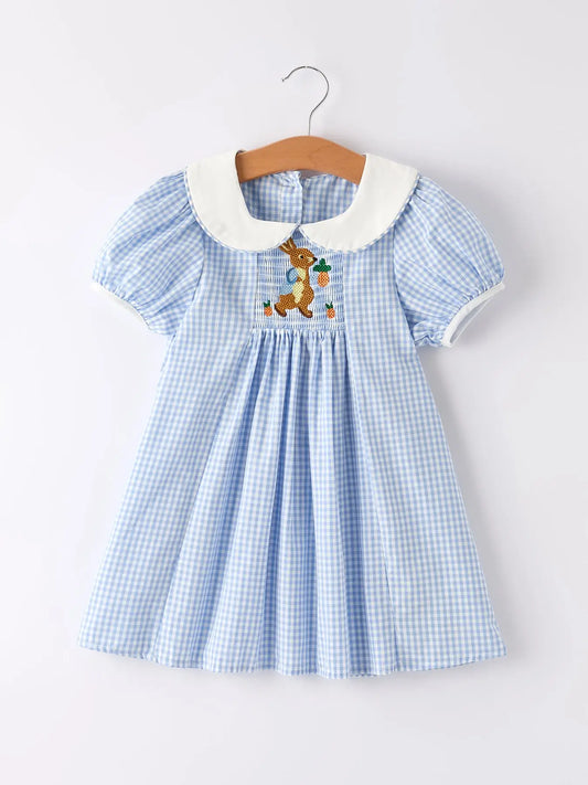 Blue Rabbit Embroidery Plaid Baby Collar Dress