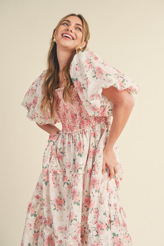 She Fancy Floral Puff Sleeve Dress - Pink
