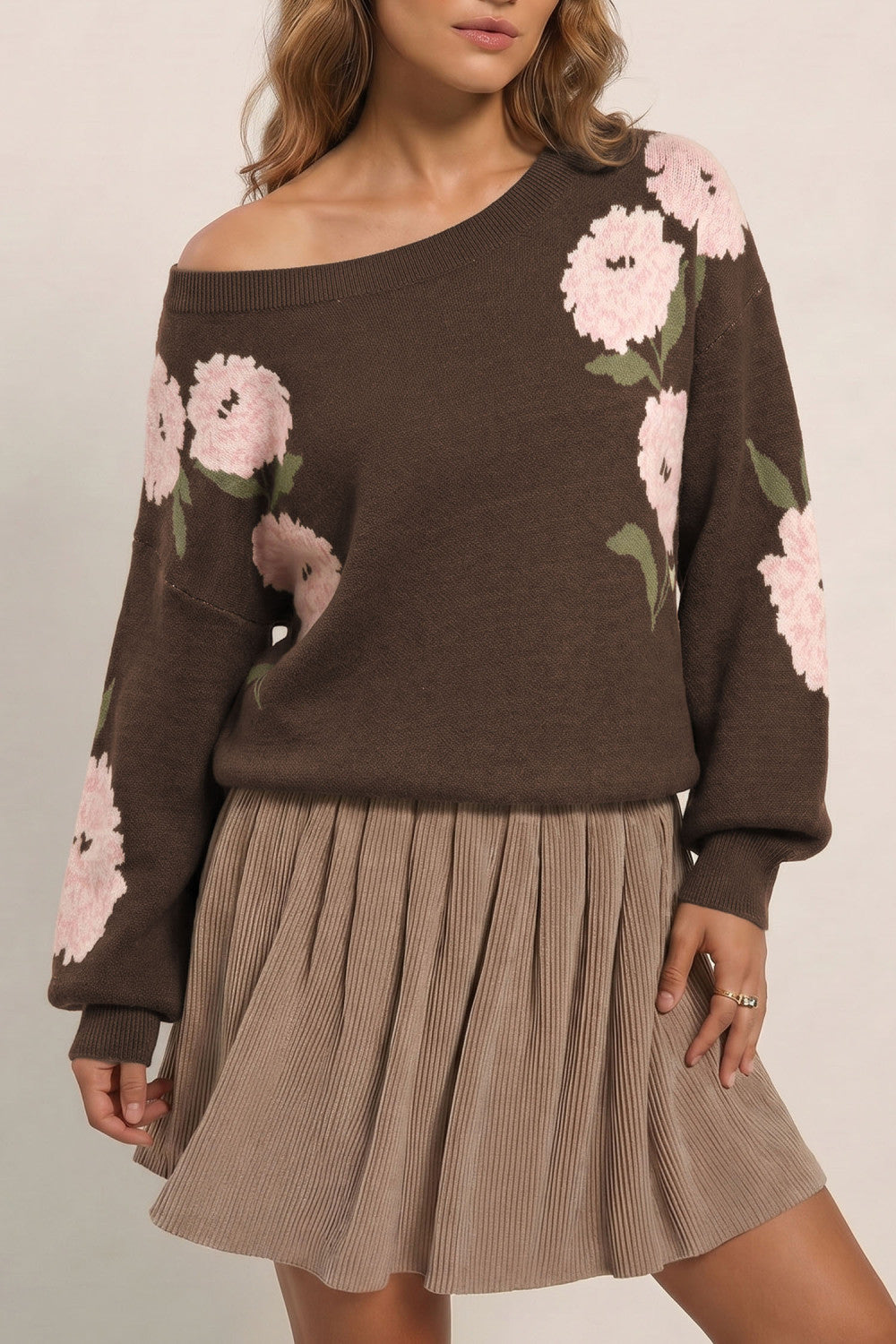 Dark Brown Floral Print Drop Shoulder Relaxed Pullover Sweater - PREORDER