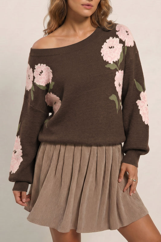 Dark Brown Floral Print Drop Shoulder Relaxed Pullover Sweater - PREORDER