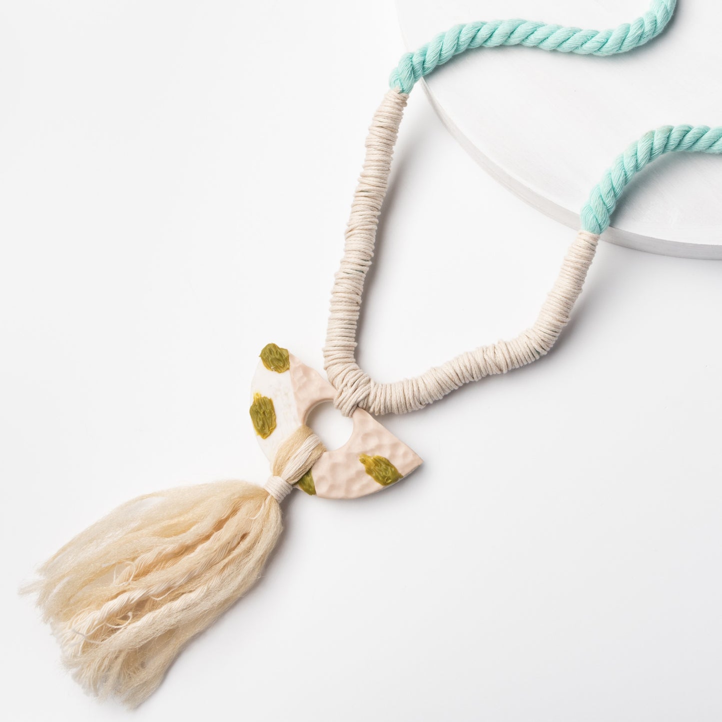 Mint and Cream Cord Necklace with Tassel