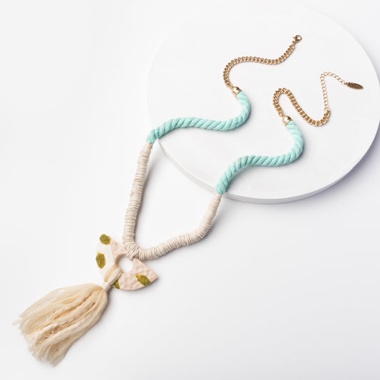 Mint and Cream Cord Necklace with Tassel