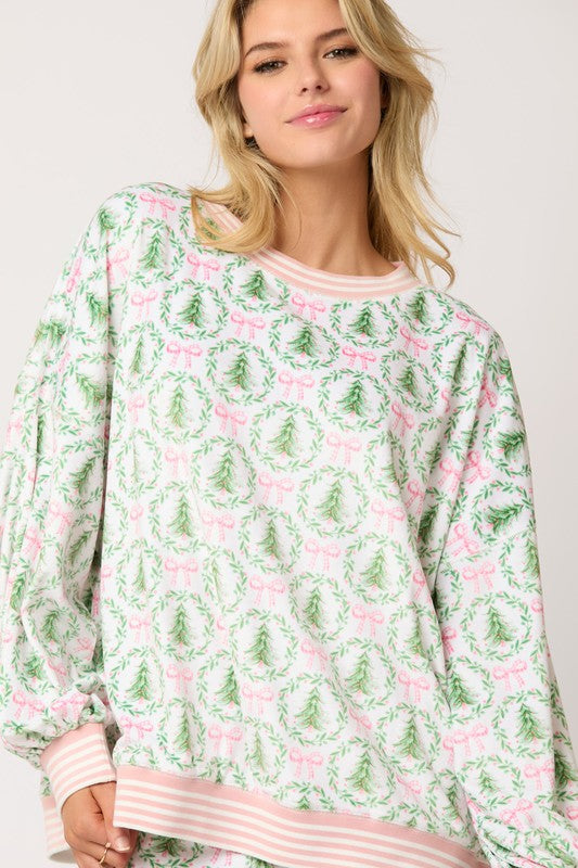 Christmas Tree & Bow Prints Loungewear Top