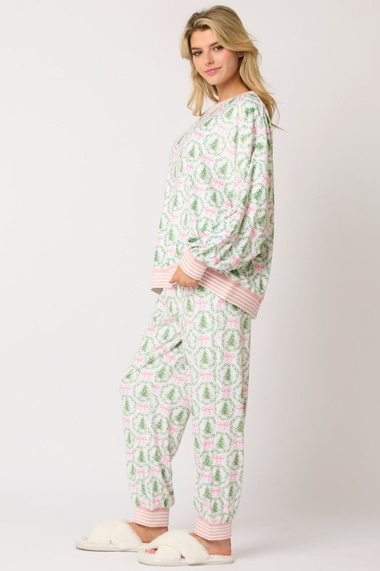 Christmas Tree & Bow Prints Loungewear Top