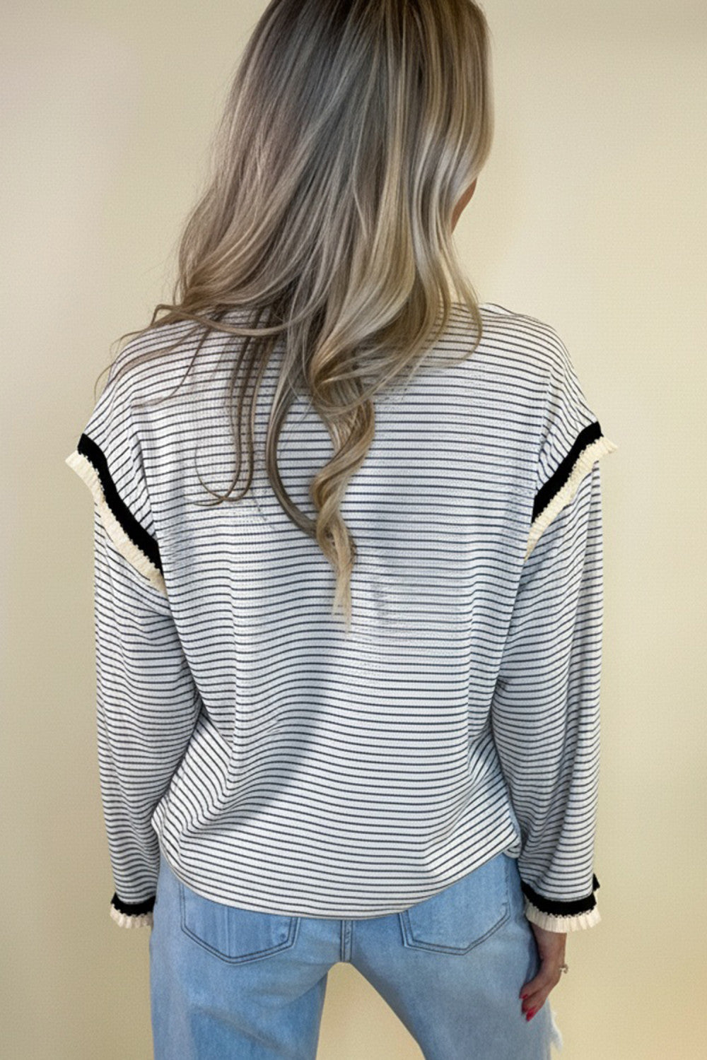 White Stripe Contrasted Ruffle Trim Loose Long Sleeve Top - PREORDER