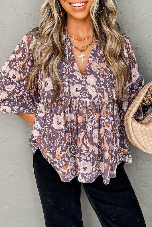 Boho Flower Print 3/4 Sleeve Babydoll Blouse - PREORDER