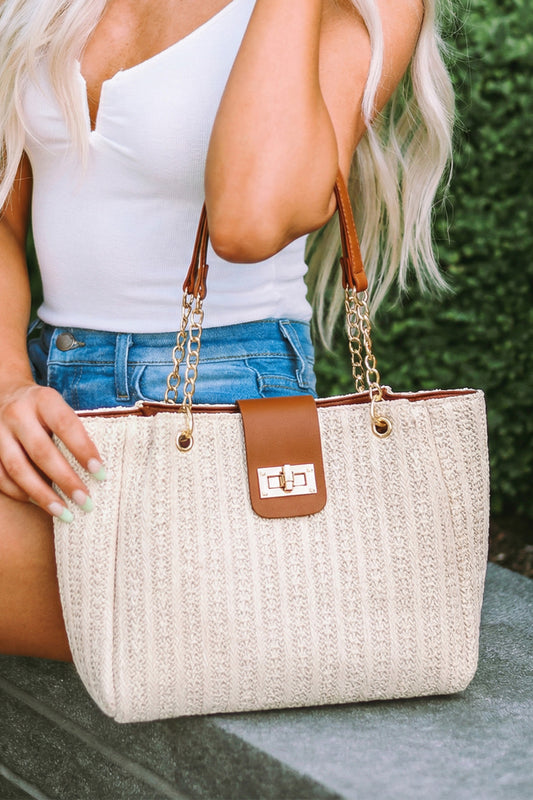 Coffee PU Leather Chain Handle Woven Textured Knit Tote Bag - PREORDER