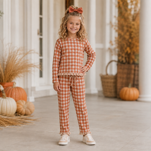 Girls Orange Gingham Ruffle Detail Pant Set- PREORDER