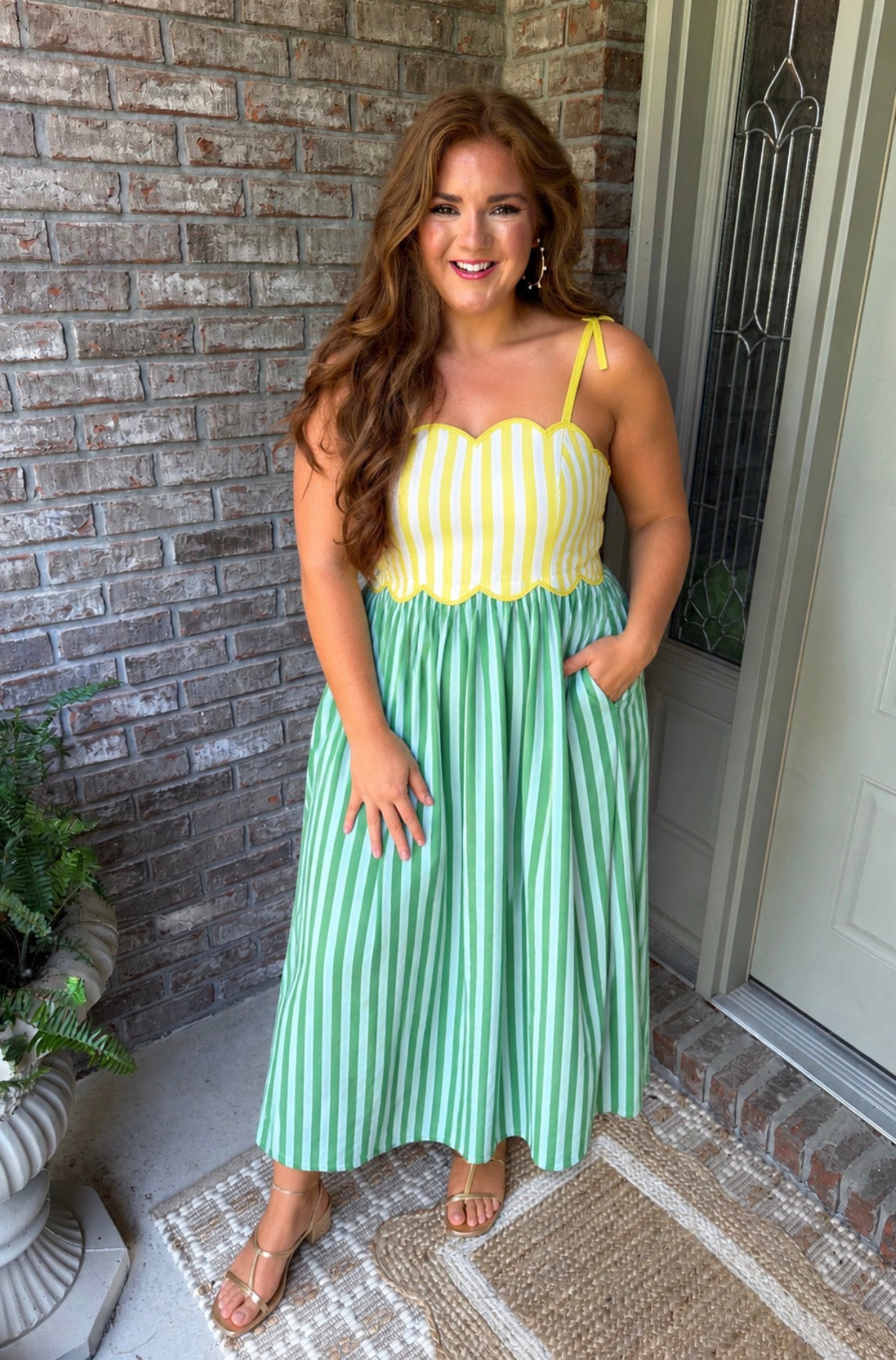 Green Stripe Scalloped Contrast Patchwork Knot Strap Midi Dress