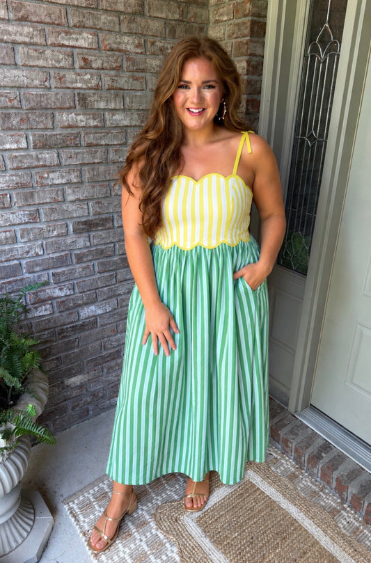Green Stripe Scalloped Contrast Patchwork Knot Strap Midi Dress