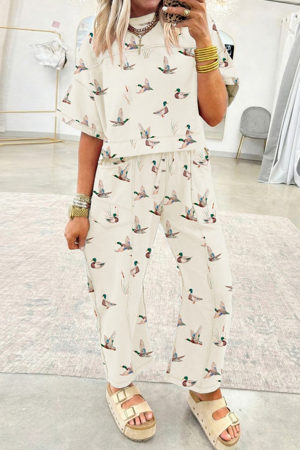 Beige Mallard Print Cropped Tee Drawstring Pants Loose 2pcs Set - PREORDER