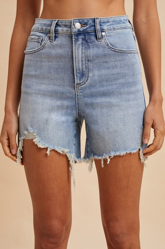 Comfort Stretch Distressed Frayed Hem Denim Shorts