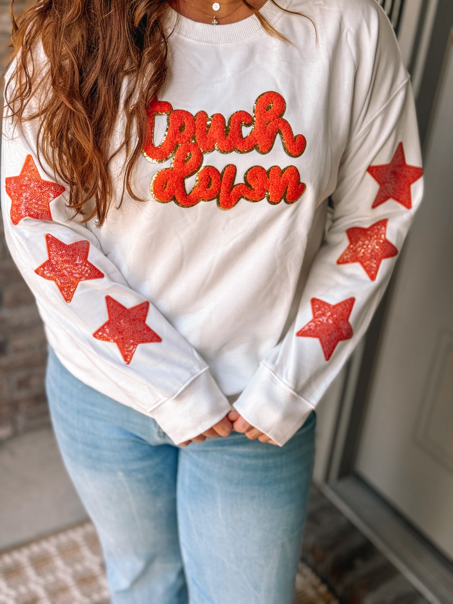 Glittering Touch Down Patched Pattern Star Sleeve Sweatshirt