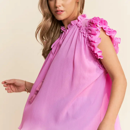 Short Sleeve Ruffle Tassle V Neck Blouse
