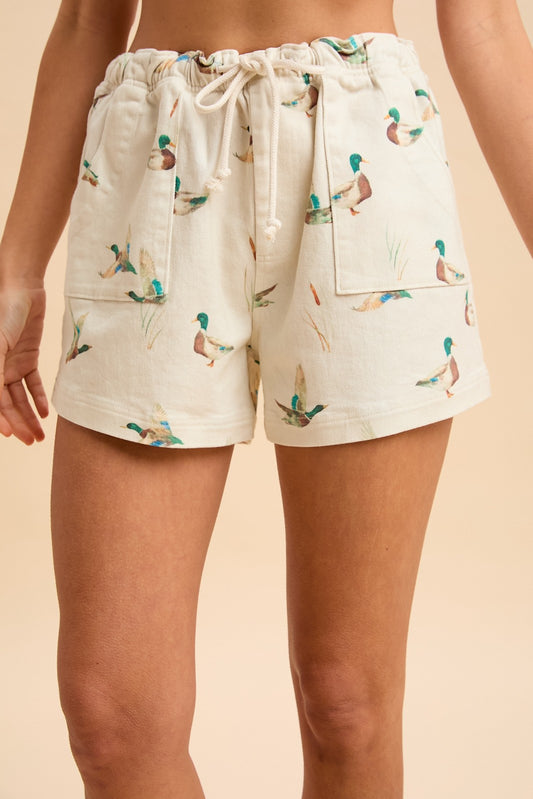 Mallard Duck Print Drawstring Relaxed Fit Shorts - PREORDER ETA APRIL