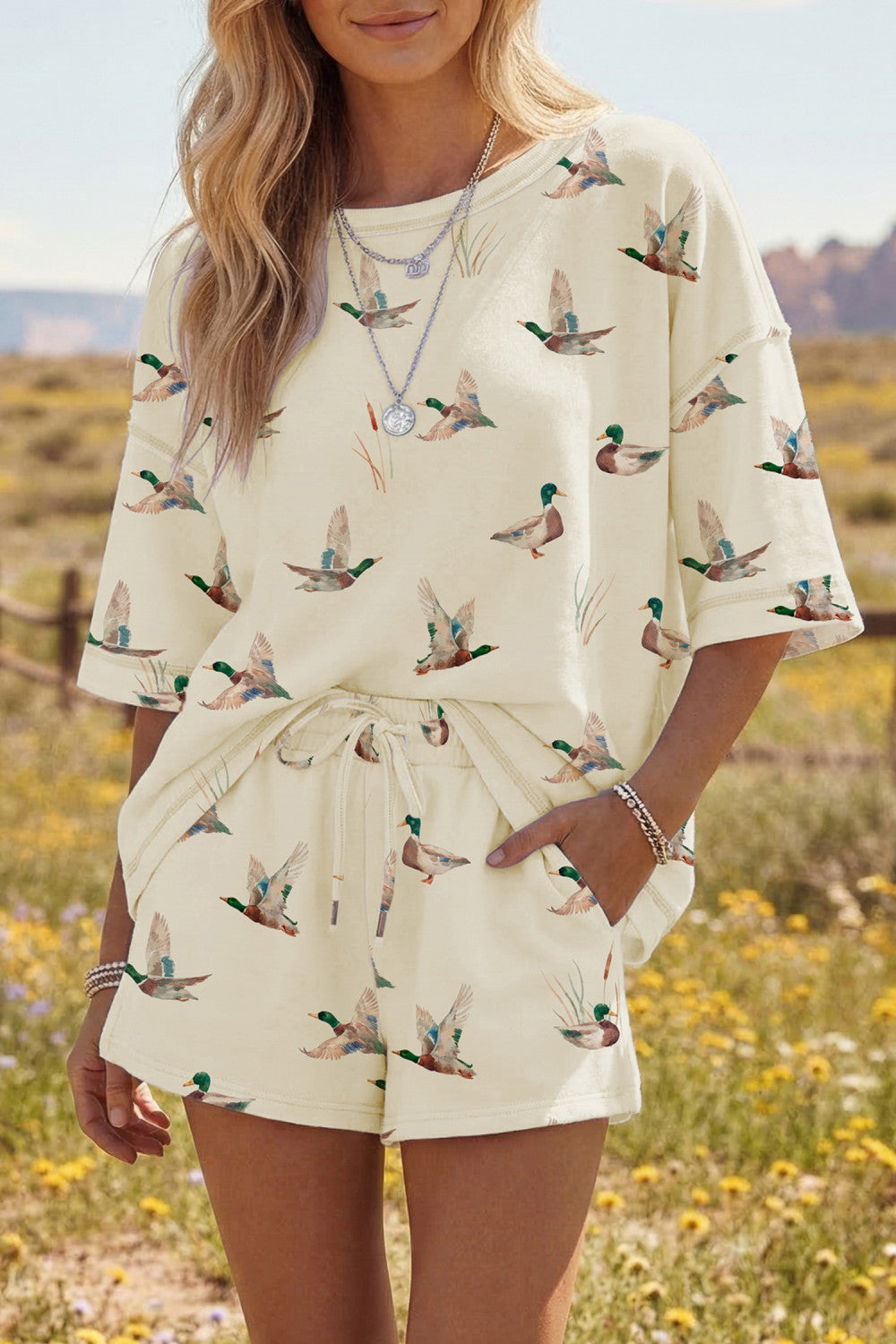 Beige Mallard Duck Print Oversized Tee Drawstring Short Set - PREORDER ETA JUNE