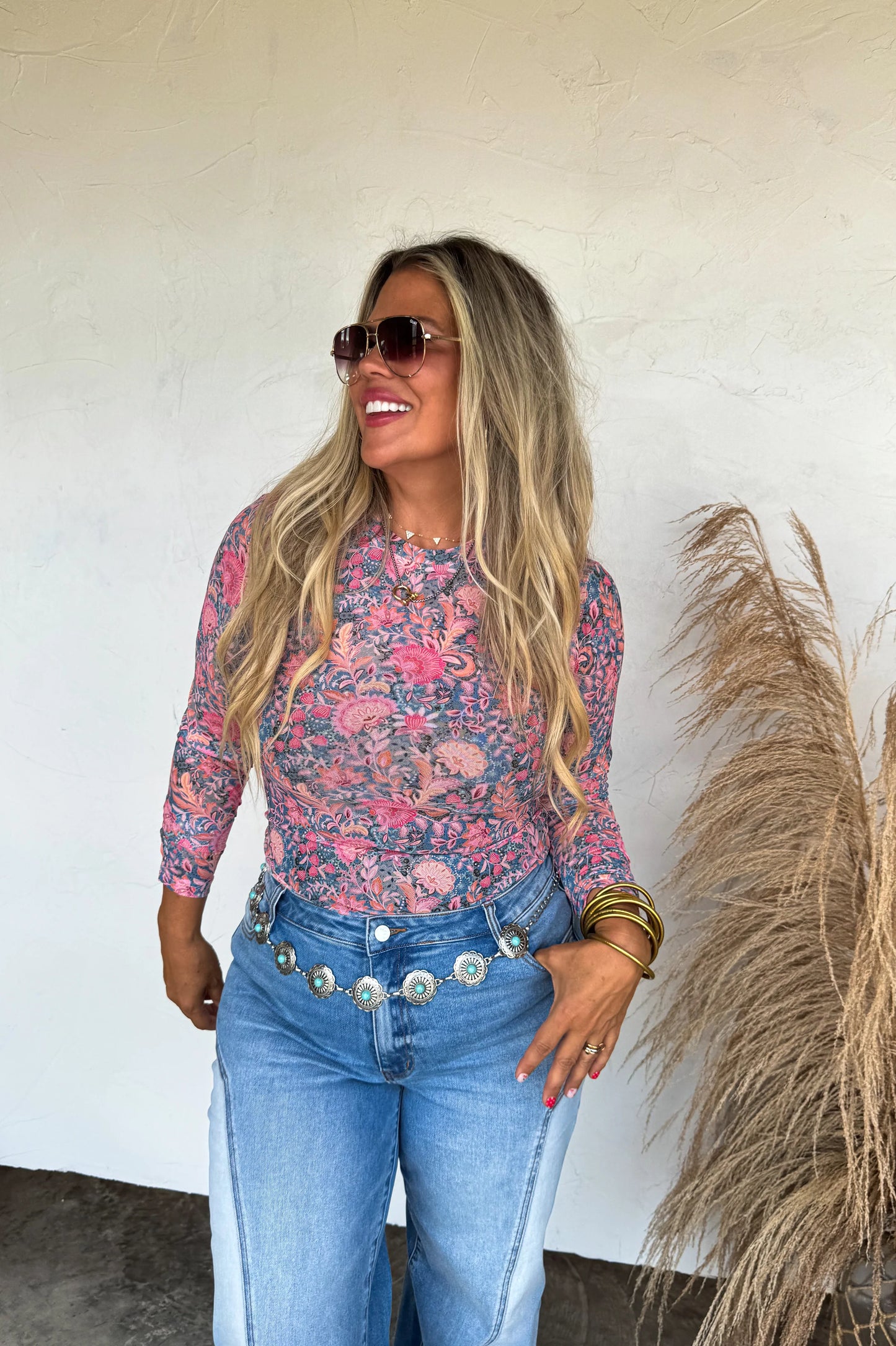 Bright Pink Floral Mesh Top