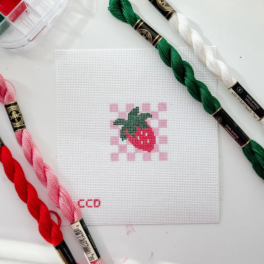 Hand Painted Strawberry Checkered 2” Needlepoint Canvas 18 Mesh Coquette Needlepoint Canvas Summer Hand Painted - PREORDER