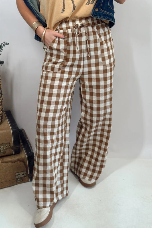 Brown Gingham Plaid Tie Elastic Waist Shift Pants - PREORDER