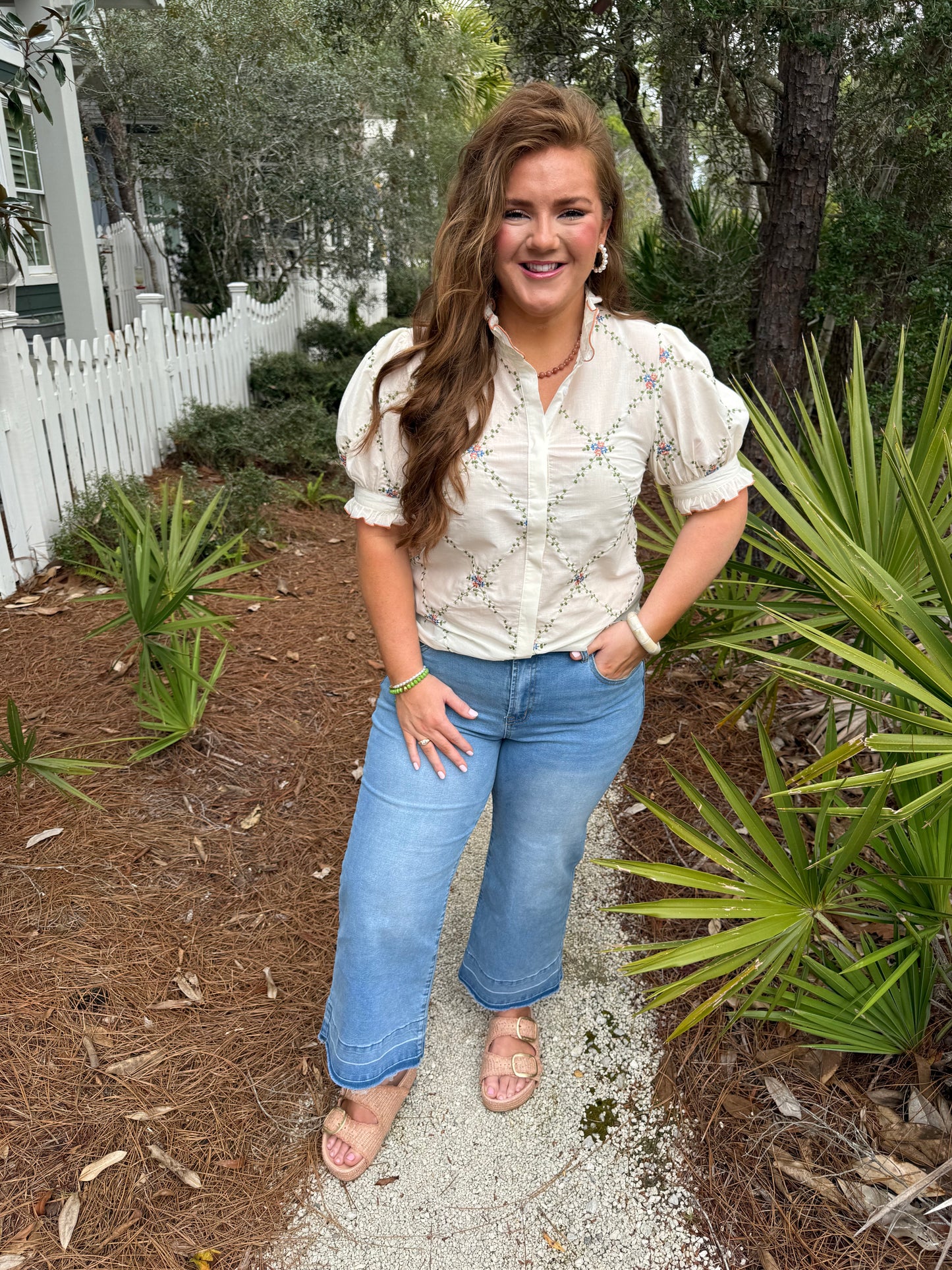 Embroidered Ruffle Collar Cotton Blouse