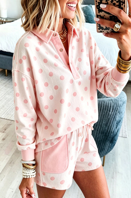 Pink Polka Dot Contrast Patchwork Detail Long Sleeve Top Short Set - PREORDER