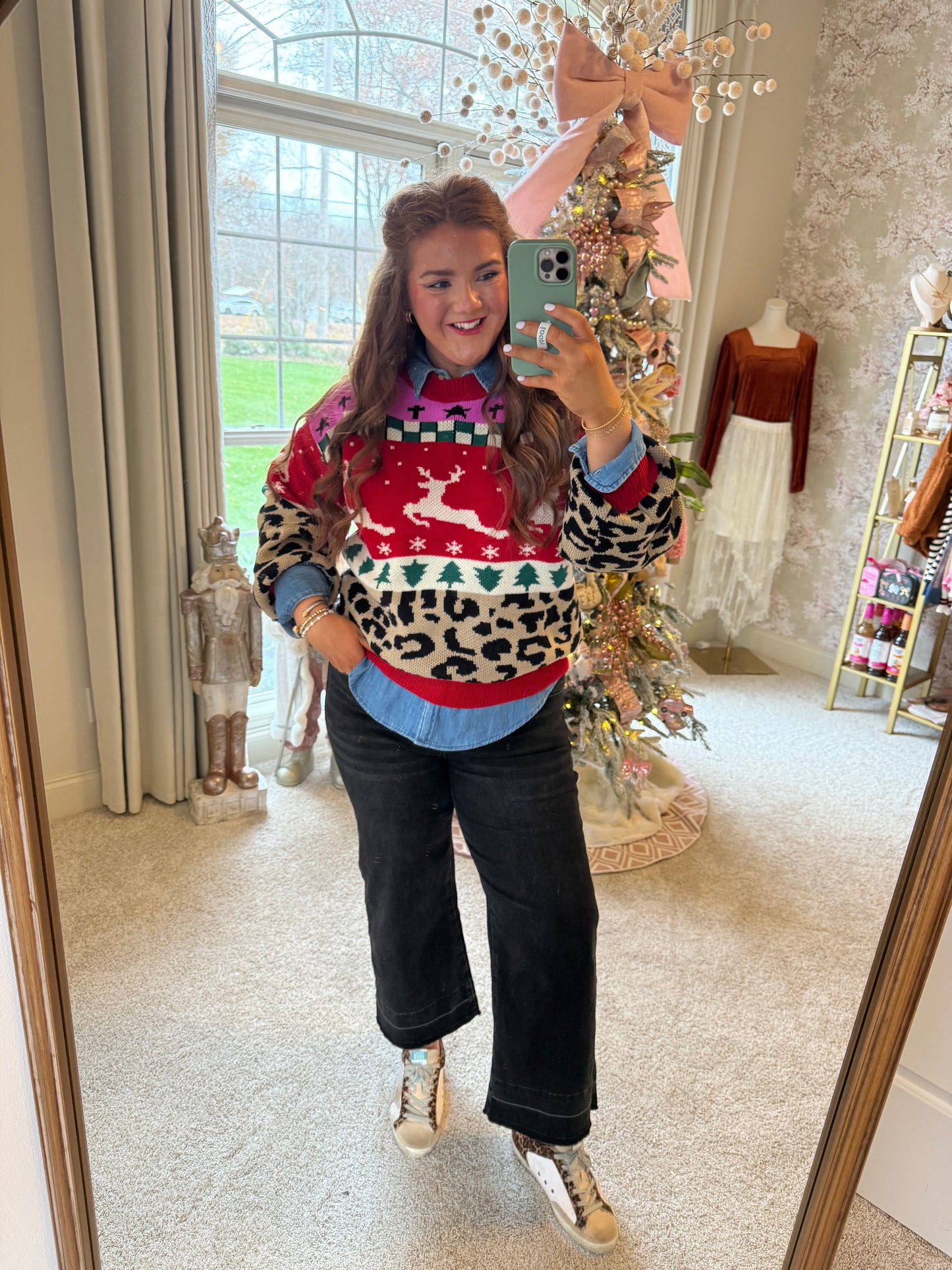 Color Block Leopard Jacquard Sweater Top