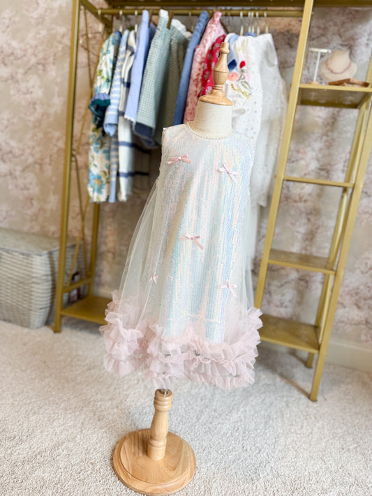 Iridescent Sequin Bow Ruffle Tulle Girls Dress - PREORDER