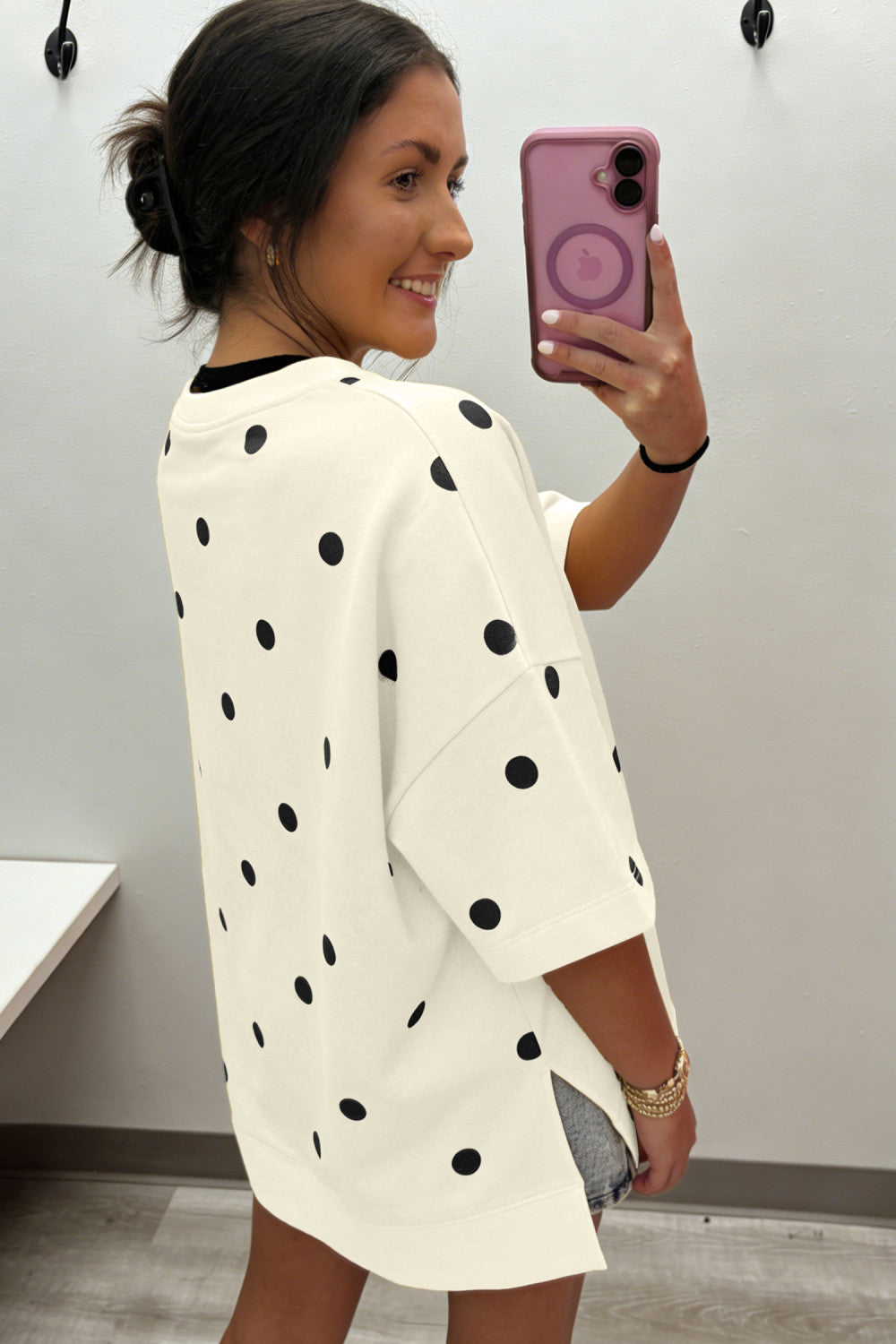 Beige Polka Dot Print Crossed Seam Detail Oversize Tee - PREORDER