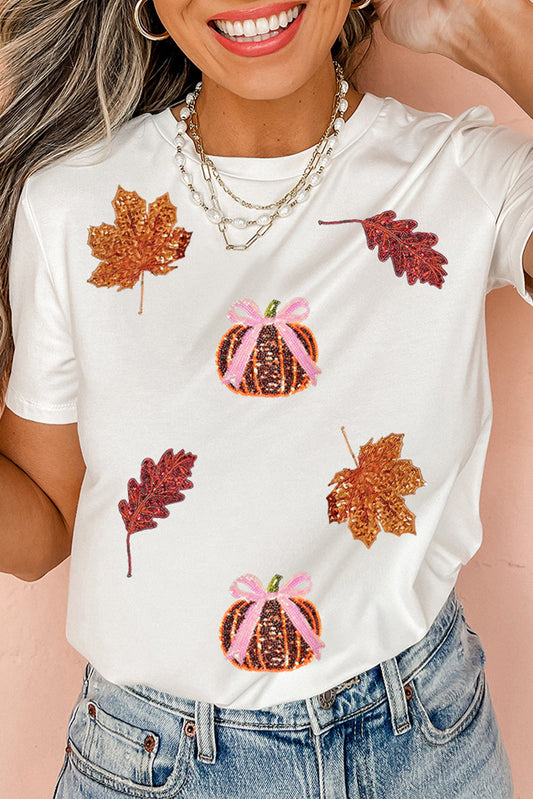 White Sequined Pumpkin Leaves Fall Vibe Graphic T Shirt - PREORDER