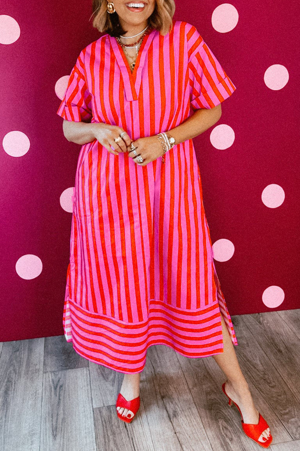 Red Stripe V Neck Cuffed Sleeve Relaxed Split Midi Dress - PREORDER