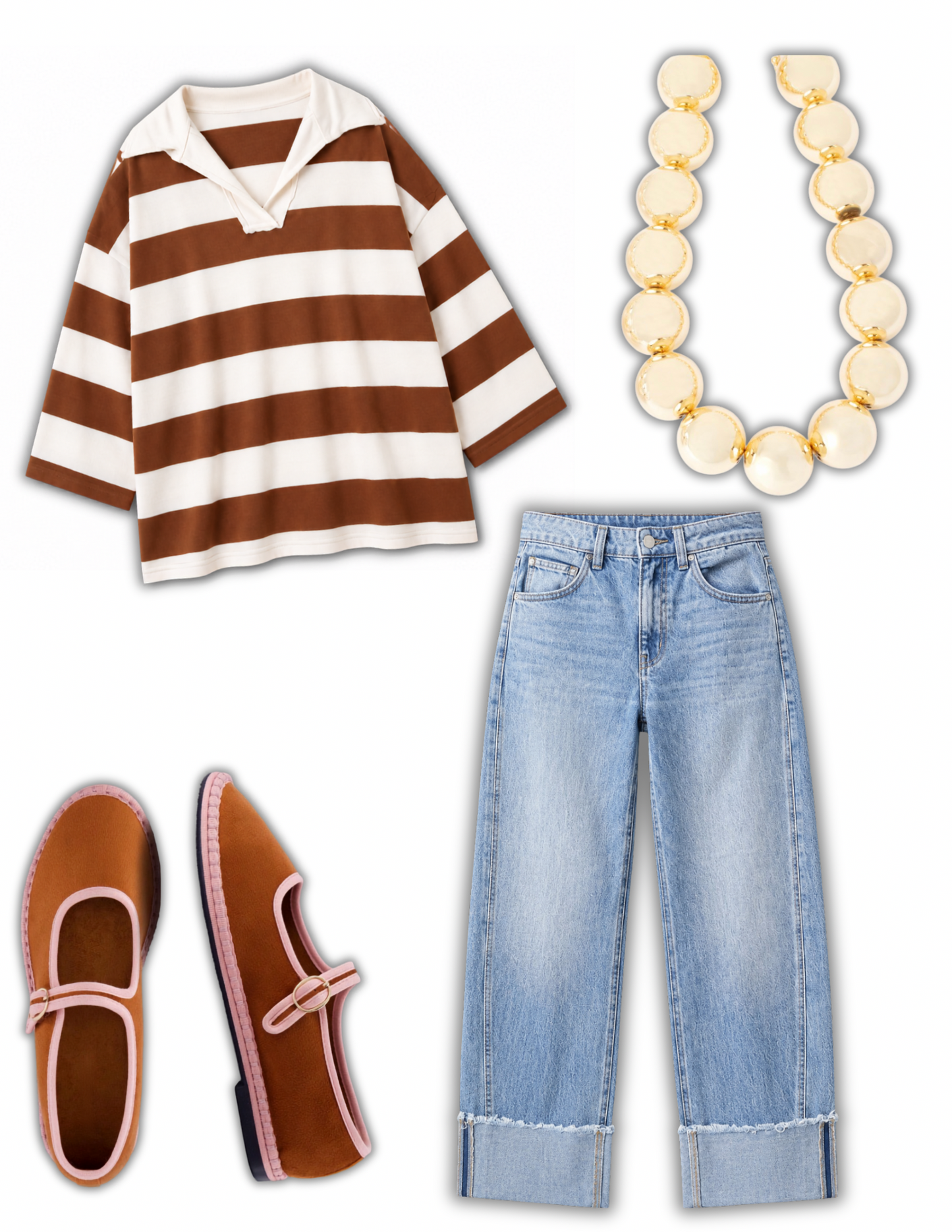 Brown Stripe Contrast Collar 3/4 Sleeve Oversized Casual Top - PREORDER