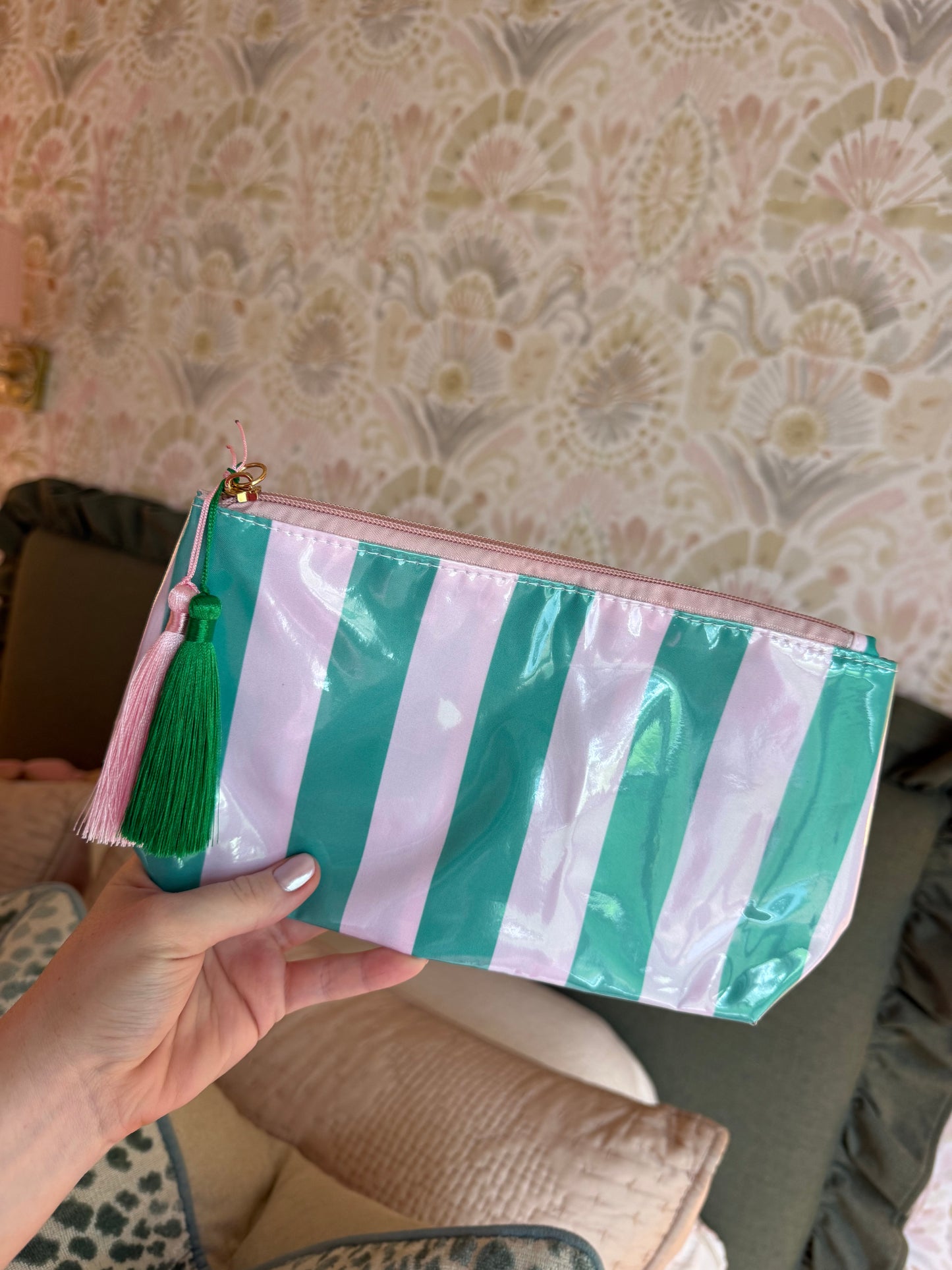 Striped Vinyl Waterproof Tassel Zipper Makeup Bag