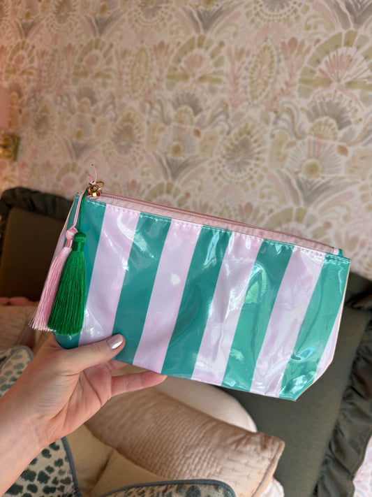 Striped Vinyl Waterproof Tassel Zipper Makeup Bag