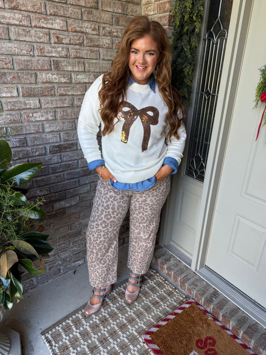 White Sequined Bow Graphic Christmas Holiday Sweater